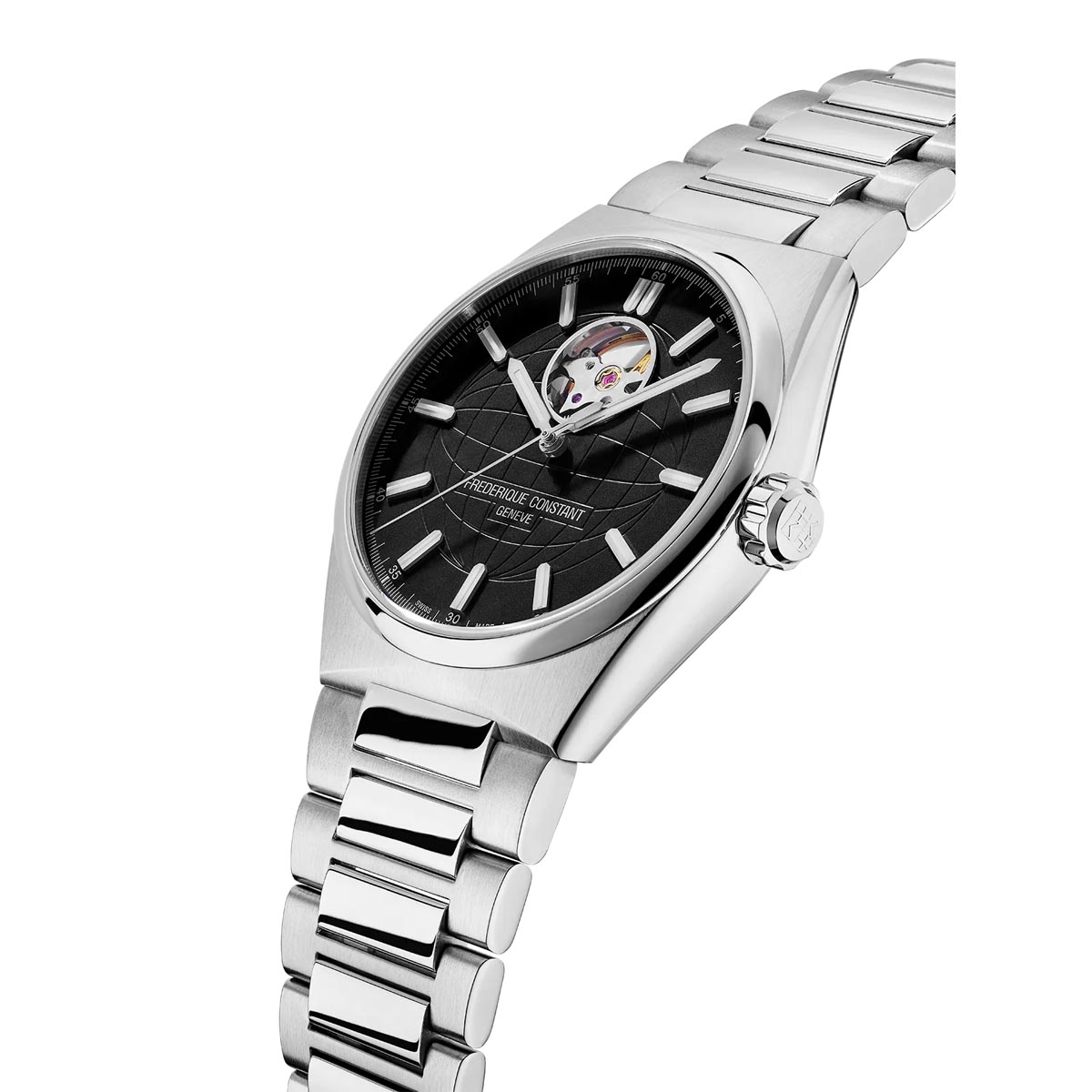 Frederique Constant Highlife Heartbeat Watch with Black Dial and Stainless Steel Bracelet (41mm and automatic movement)