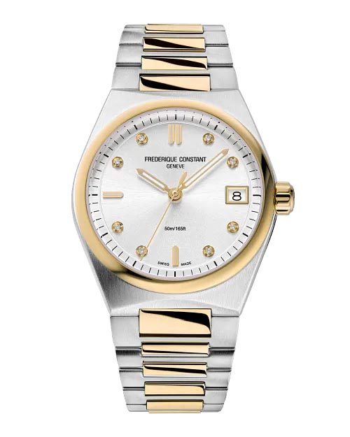Frederique Constant Highlife Watch with White Diamond Dial and White and Yellow Gold Tone Bracelet (31mm and Swiss quartz movement)