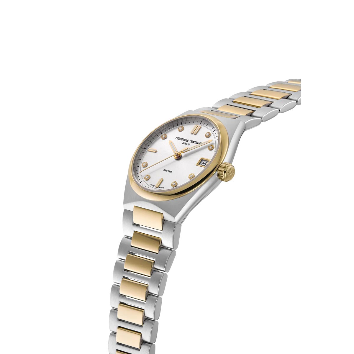 Frederique Constant Highlife Watch with White Diamond Dial and White and Yellow Gold Tone Bracelet (31mm and Swiss quartz movement)