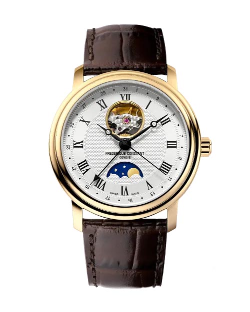 Frederique Constant Classics Heart Beat Moonphase Watch with White Dial and Brown Leather Strap (40mm and automatic movement)
