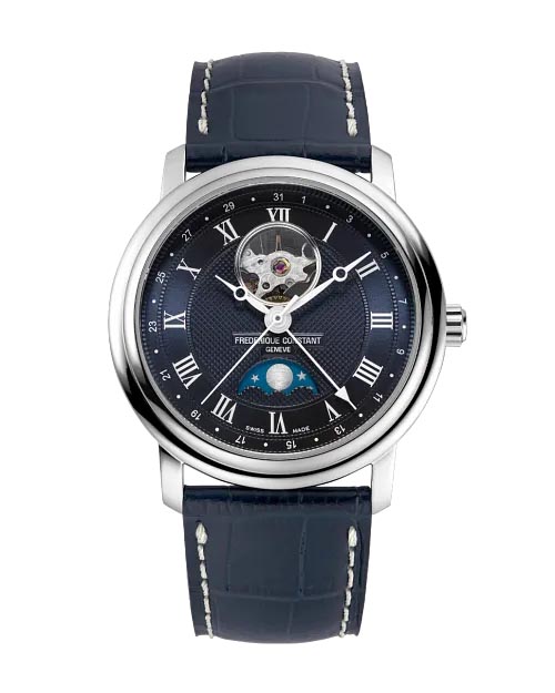Frederique Constant Classics Heart Beat Moonphase Watch with Blue Dial and Blue Leather Strap (41mm and automatic movement)