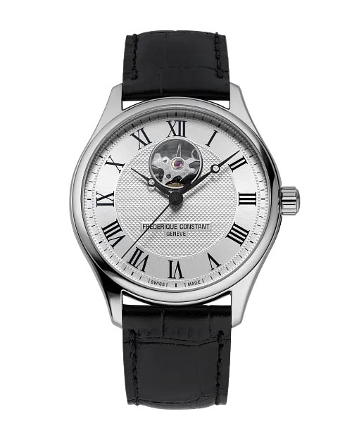 Frederique Constant Classics Heartbeat Watch with Silver Toned Dial and Black Leather Strap (40mm and automatic movement)