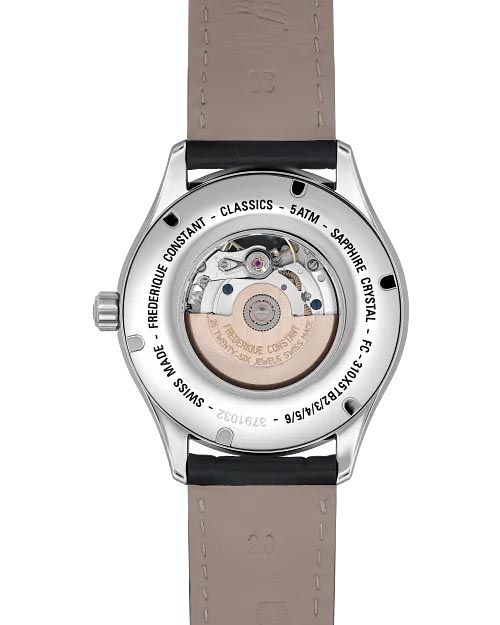 Frederique Constant Classics Heartbeat Watch with Silver Toned Dial and Black Leather Strap (40mm and automatic movement)
