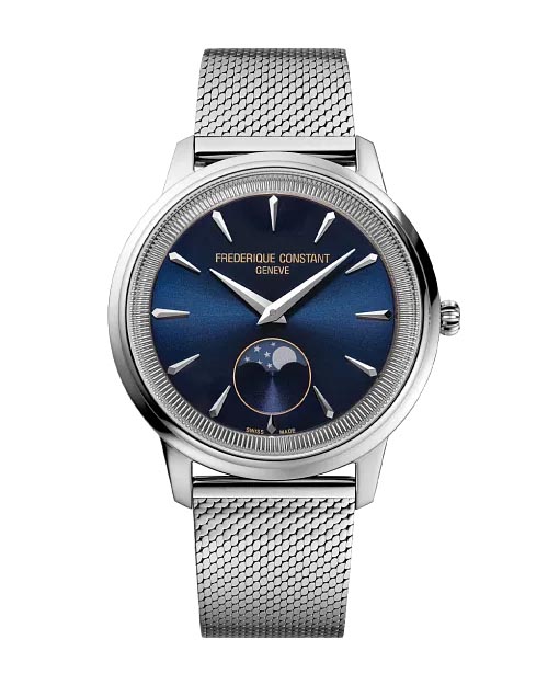 Frederique Constant Classics Moneta Moon Phase Watch with Blue Dial and Stainless Steel Bracelet (37mm and Swiss quartz movement)
