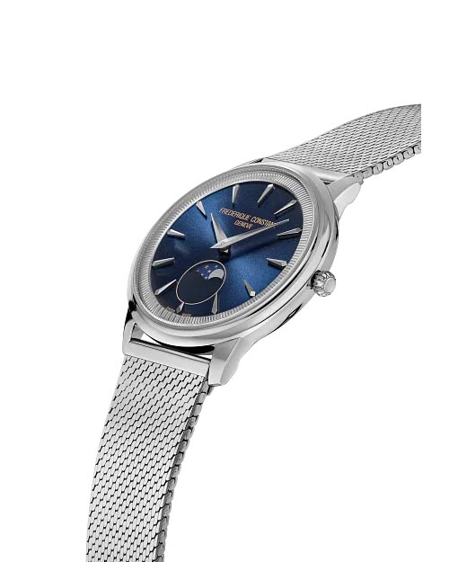 Frederique Constant Classics Moneta Moon Phase Watch with Blue Dial and Stainless Steel Bracelet (37mm and Swiss quartz movement)