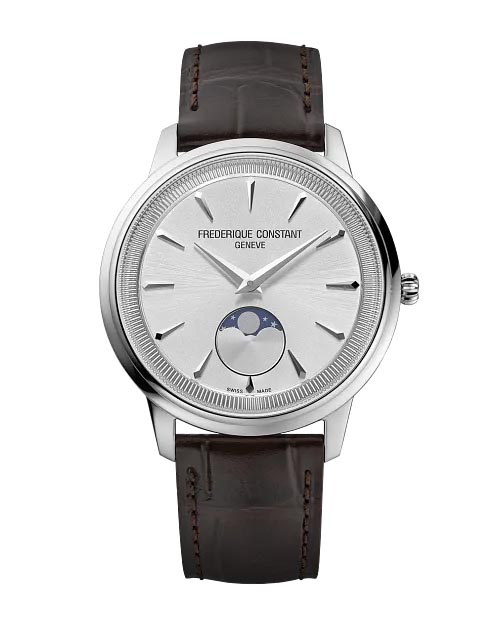 Frederique Constant Classics Moneta Moon Phase Watch with Silver Tone Dial and Brown Leather Strap (37mm and Swiss quartz movement)