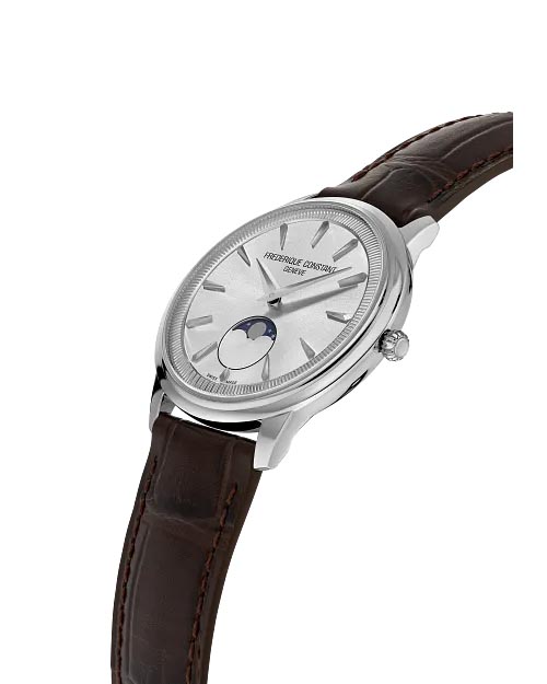 Frederique Constant Classics Moneta Moon Phase Watch with Silver Tone Dial and Brown Leather Strap (37mm and Swiss quartz movement)