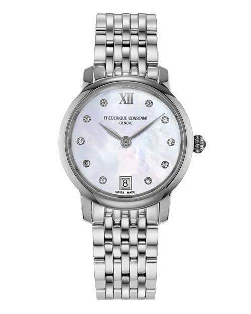Frederique Constant Classics Slimline Watch with Mother of Pearl Dial and Stainless Steel Bracelet (30mm and Swiss quartz movement)