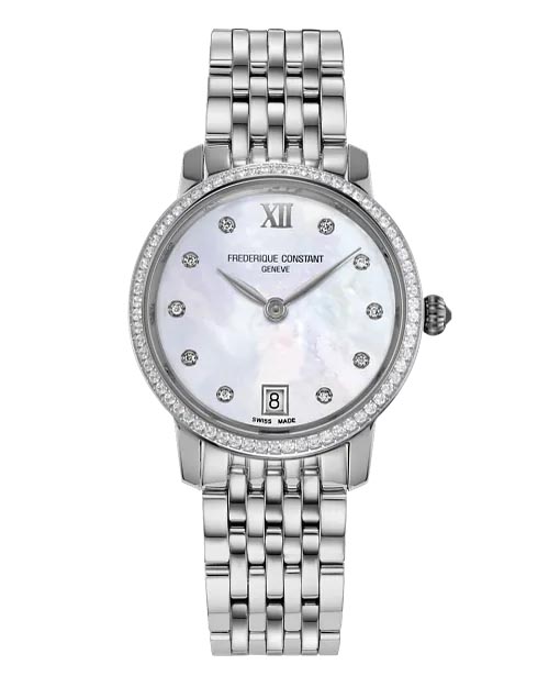 Frederique Constant Classics Slimline Watch with Mother of Pearl Diamond Dial Diamond Bezel and Stainless Steel Bracelet (30mm and Swiss quartz movement)