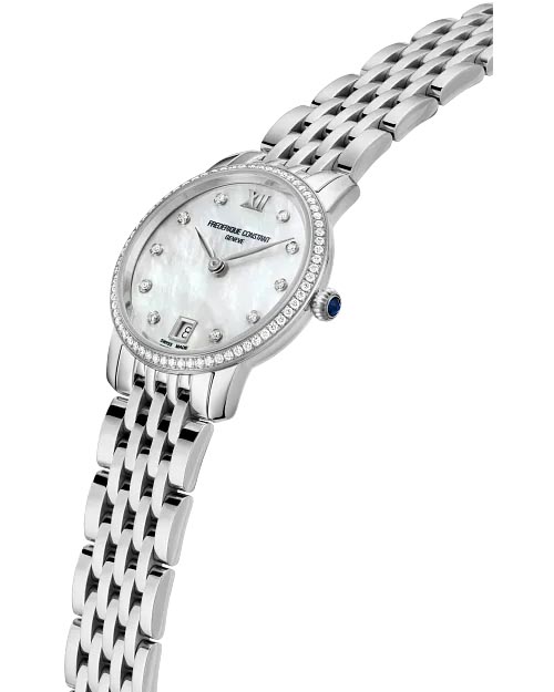 Frederique Constant Classics Slimline Watch with Mother of Pearl Diamond Dial Diamond Bezel and Stainless Steel Bracelet (30mm and Swiss quartz movement)