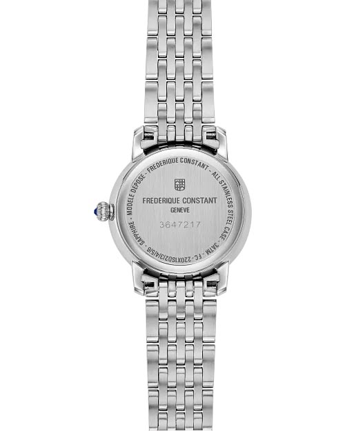 Frederique Constant Classics Slimline Watch with Mother of Pearl Diamond Dial Diamond Bezel and Stainless Steel Bracelet (30mm and Swiss quartz movement)