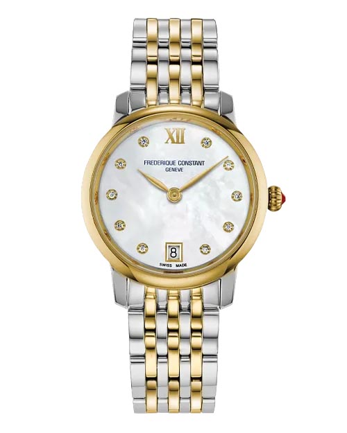 Frederique Constant Classics Slimline Watch with Mother of Pearl Dial and Two Toned Stainless Steel Bracelet (30mm and Swiss quartz movement)