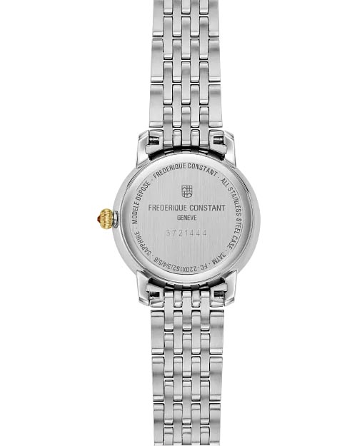 Frederique Constant Classics Slimline Watch with Mother of Pearl Dial and Two Toned Stainless Steel Bracelet (30mm and Swiss quartz movement)
