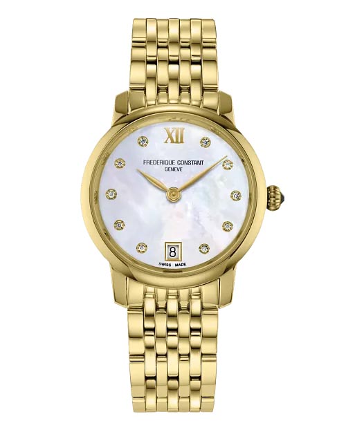 Frederique Constant Classics Slimline Watch with Mother of Pearl Diamond Dial and Gold Tone Stainless Steel Bracelet (30mm and Swiss quartz movement)