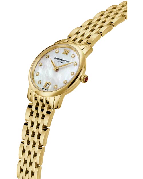 Frederique Constant Classics Slimline Watch with Mother of Pearl Diamond Dial and Gold Tone Stainless Steel Bracelet (30mm and Swiss quartz movement)