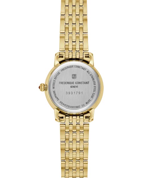 Frederique Constant Classics Slimline Watch with Mother of Pearl Diamond Dial and Gold Tone Stainless Steel Bracelet (30mm and Swiss quartz movement)