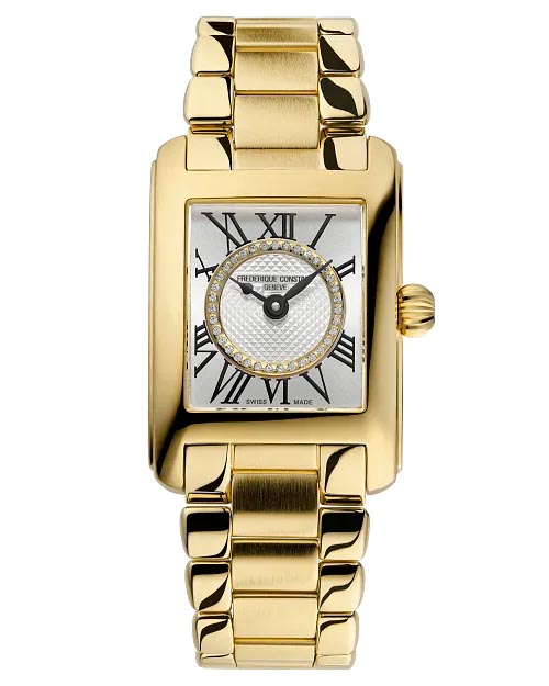 Frederique Constant Classics Carrée Watch with Silver Tone Diamond Dial and Gold Tone Stainless Steel Bracelet (21mm and Swiss quartz movement)