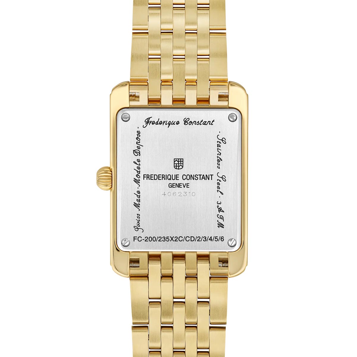 Frederique Constant Classics Carrée Small Seconds Watch with White Dial and Gold Tone Stainless Steel Bracelet (36x25mm and Swiss quartz movement)