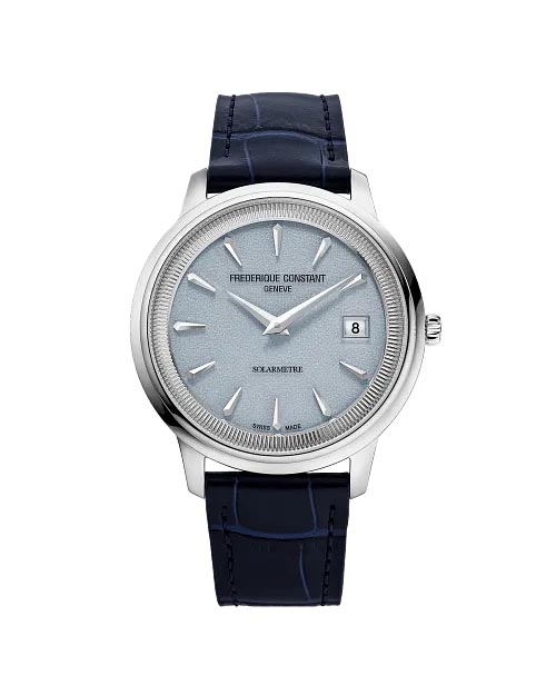 Frederique Constant Classics Moneta Solarmetre Watch with Blue Dial and Navy Blue Leather Strap (39mm and solar movement)