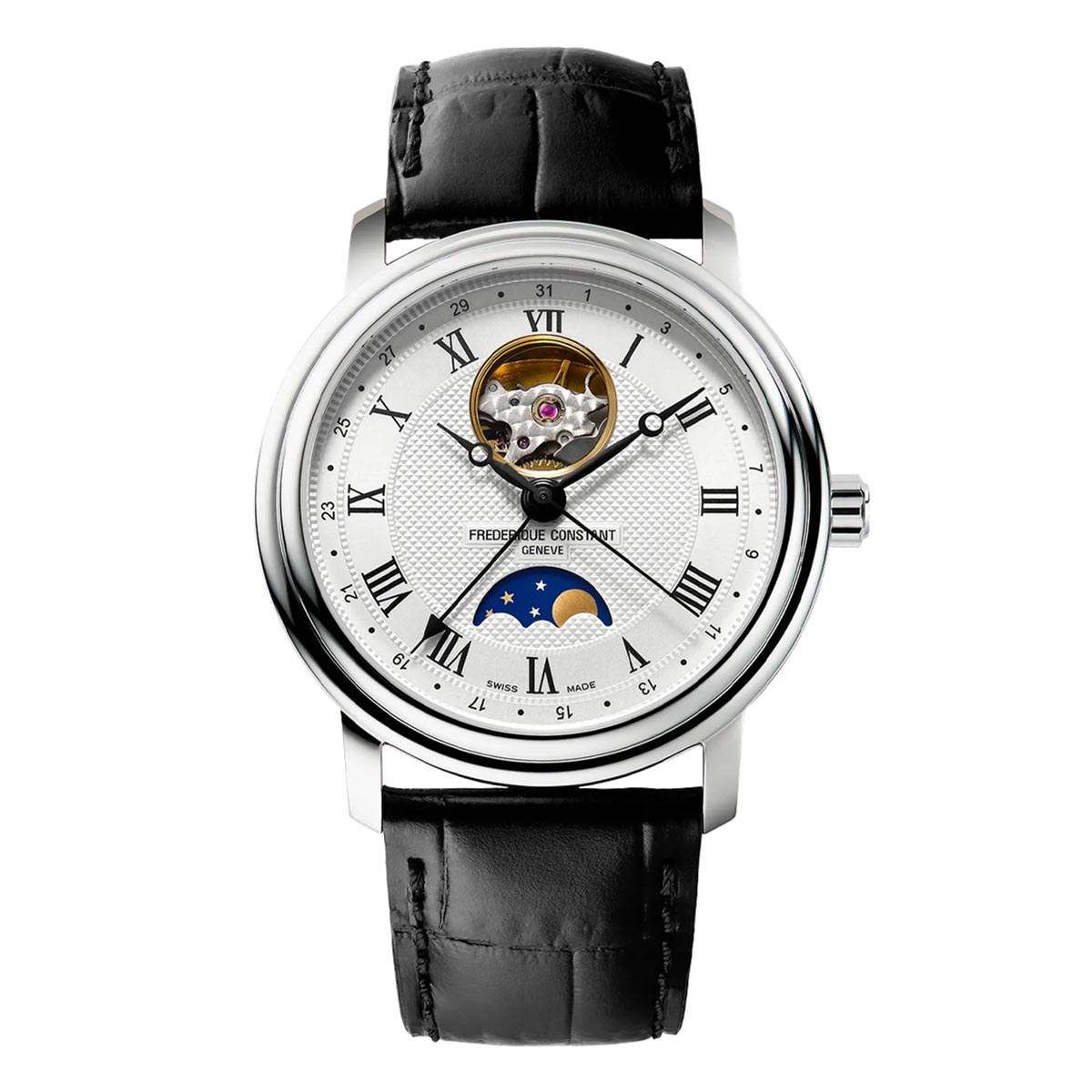 Frederique Constant Classics Heartbeat Moon Phase Watch with Silver Tone Dial and Black Leather Strap (40mm and automatic movement)