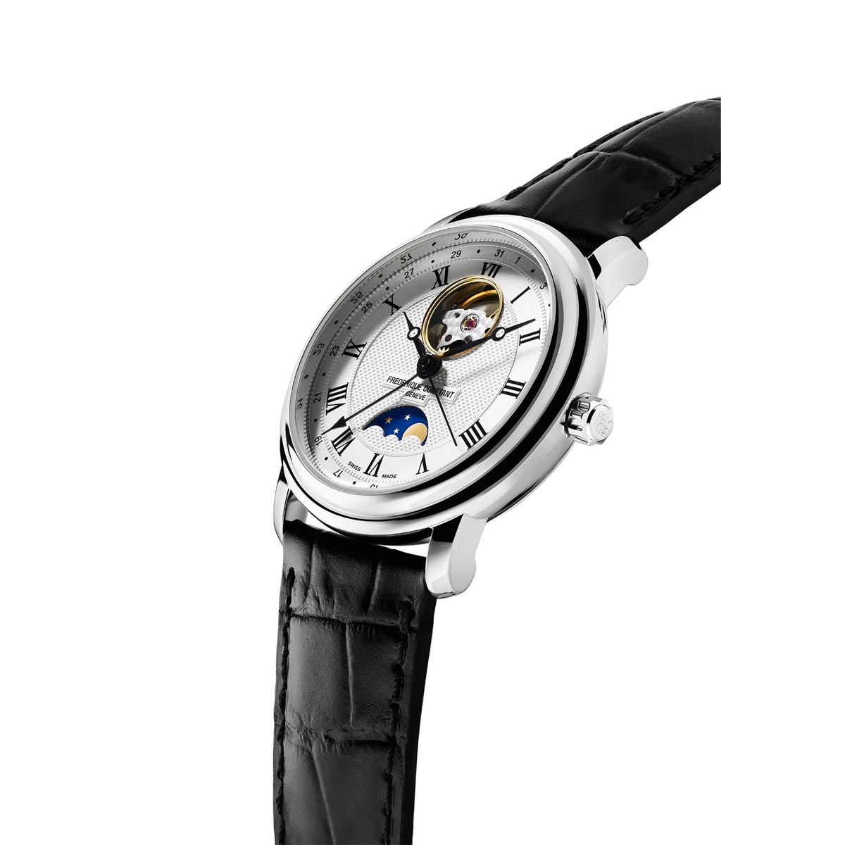 Frederique Constant Classics Heartbeat Moon Phase Watch with Silver Tone Dial and Black Leather Strap (40mm and automatic movement)