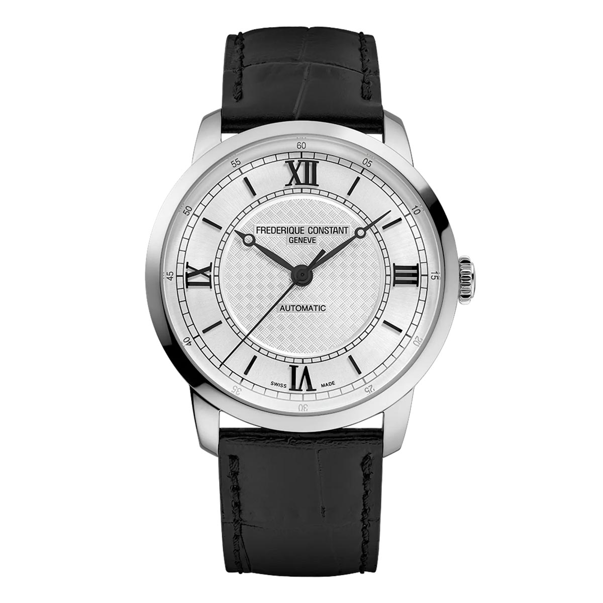 Frederique Constant Classics Premiere Watch with Silver Tone Dial and Black Leather Strap (38.5mm and automatic movement)