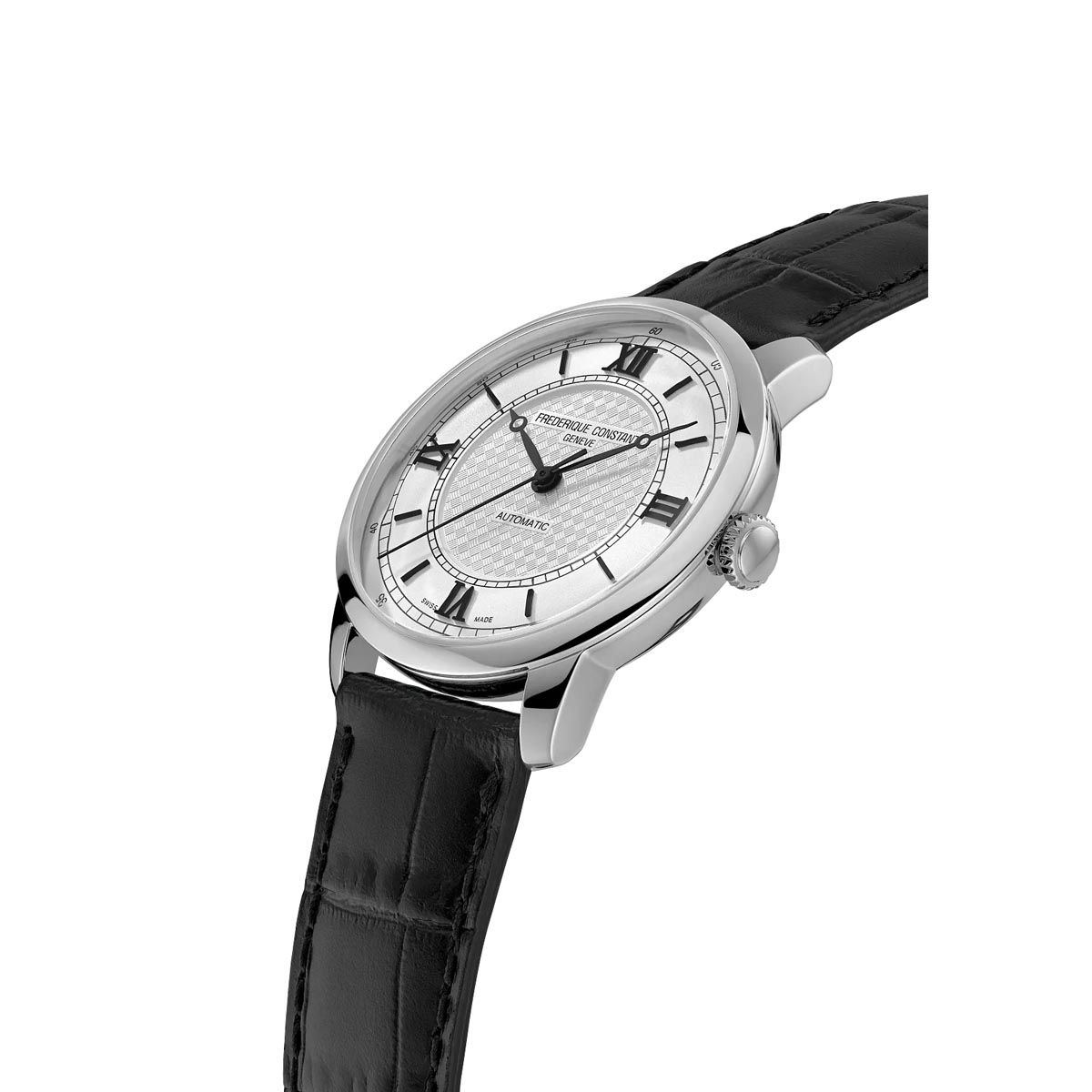 Frederique Constant Classics Premiere Watch with Silver Tone Dial and Black Leather Strap (38.5mm and automatic movement)