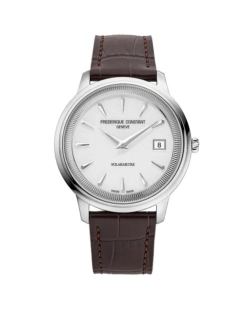 Frederique Constant Classics Moneta Solarmetre Watch with Silver Tone Dial and Brown Leather Strap (39mm and solar movement)
