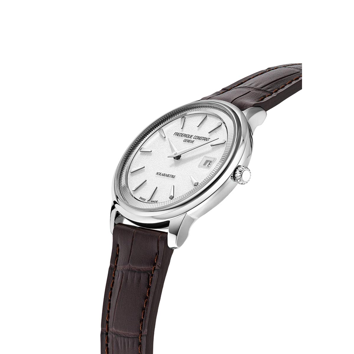Frederique Constant Classics Moneta Solarmetre Watch with Silver Tone Dial and Brown Leather Strap (39mm and solar movement)