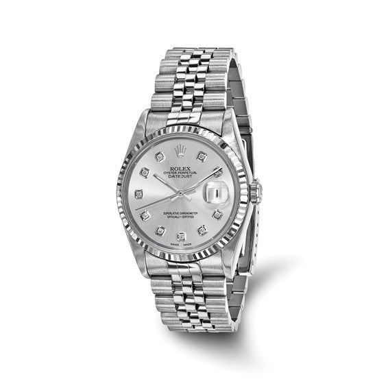 Pre Owned Rolex Oyster Perpetual Datejust Watch with Silver Tone Diamond Dial and 18kt White Gold Fluted Bezel and Stainless Steel Jubilee Bracelet (36mm and automatic movement)