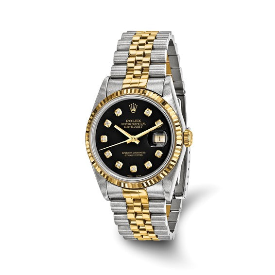 Pre Owned Mens Rolex Oyster Perpetual Datejust Watch with Black Diamond Dial and 18kt Yellow Gold Fluted Bezel and Stainless Steel and 18kt Yellow Gold Jubilee Bracelet (36mm and automatic movement)