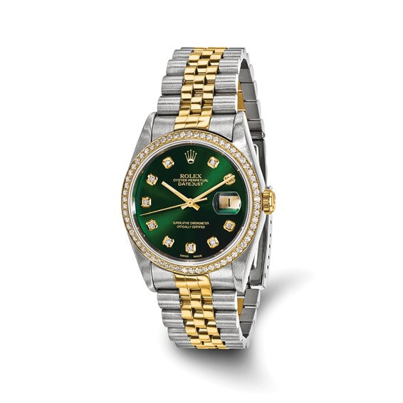 Pre Owned Mens Rolex Oyster Perpetual  Datejust Watch with Green Diamond Dial and 18kt Yellow Gold Diamond Bezel and Stainless Steel and 18kt Yellow Gold Jubilee Bracelet (36mm and automatic movement)