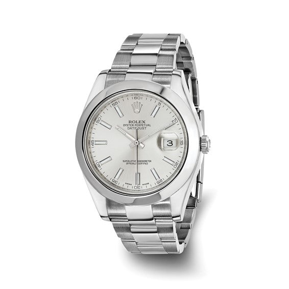 Pre Owned Rolex Mens Oyster Perpetual Datejust Watch with Silver Tone Dial and Stainless Steel Oyster Bracelet (41mm and automatic movement)