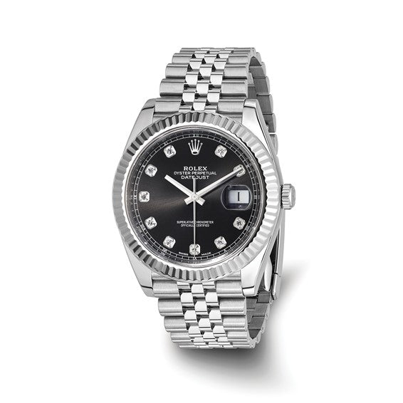 Pre Owned Rolex Oyster Perpetual Datejust Watch with Black Diamond Dial and 18kt White Gold Fluted Bezel and Stainless Steel Jubilee Bracelet (41mm and automatic movement)