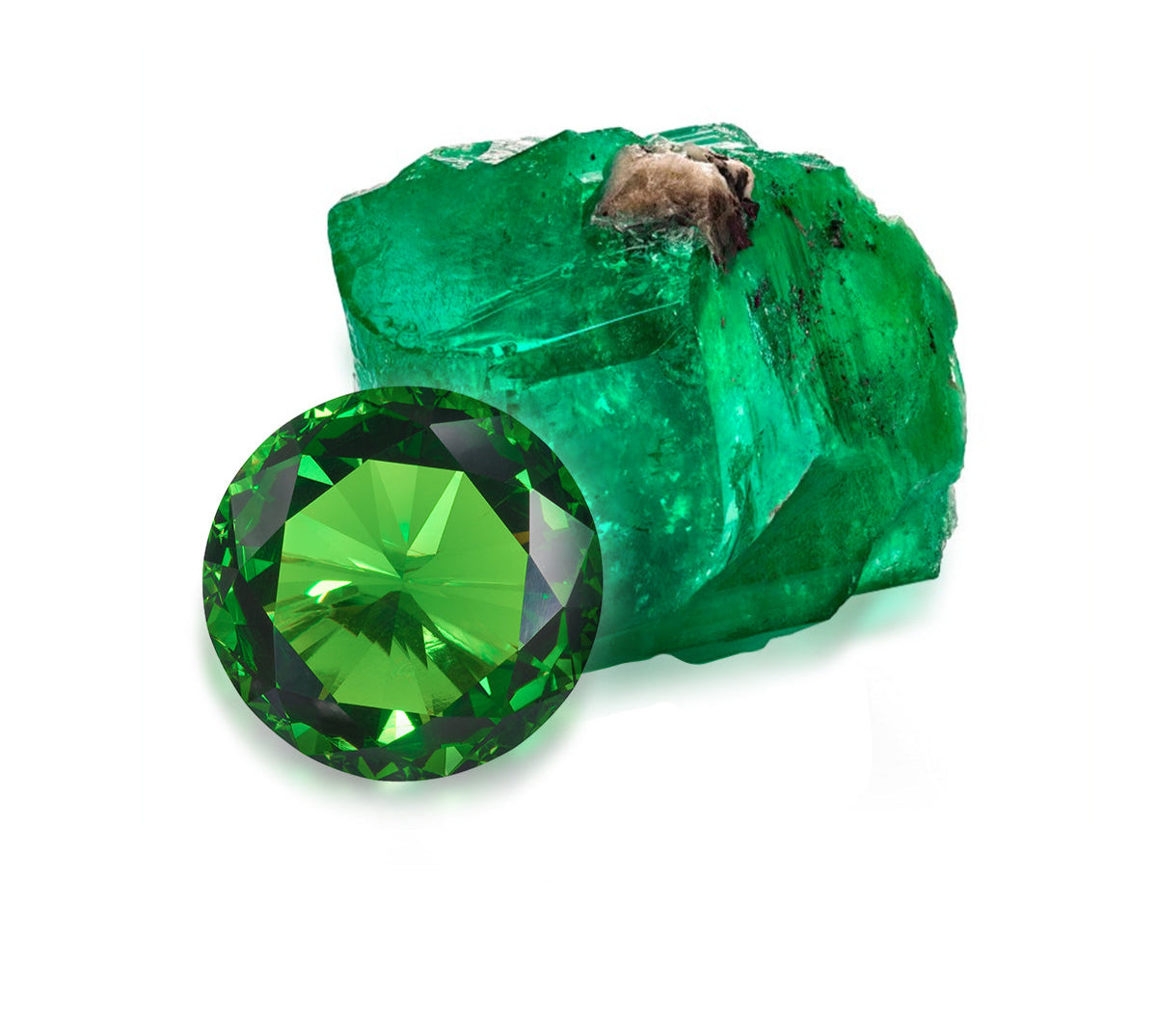 Green gemstone and its rough counterpart on a white background