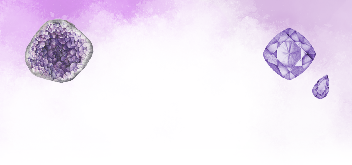 Purple gemstones on a gradient purple background