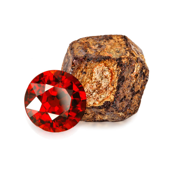 Red gemstone and its rough counterpart on a white background