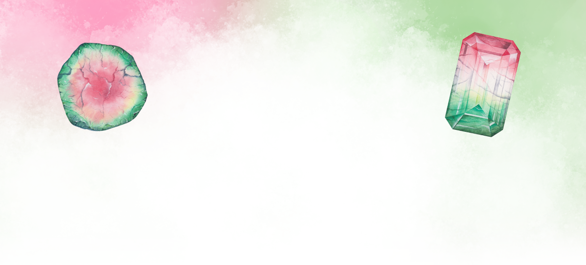 green, pink, and white gems against a gradient background