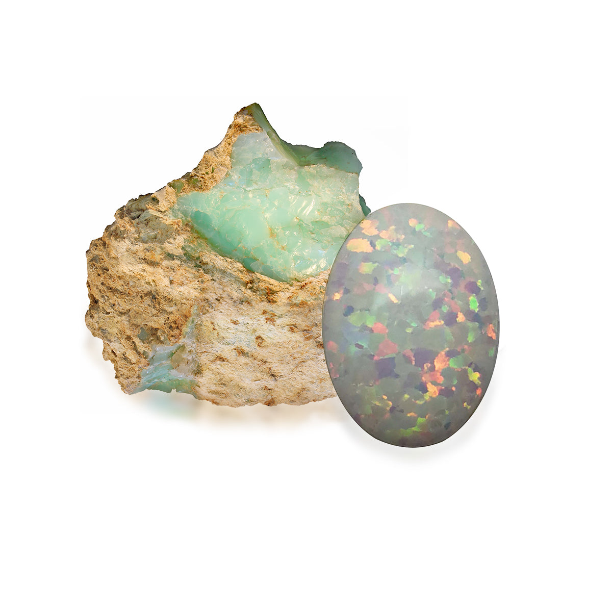Opal stone with a rough version on a white background
