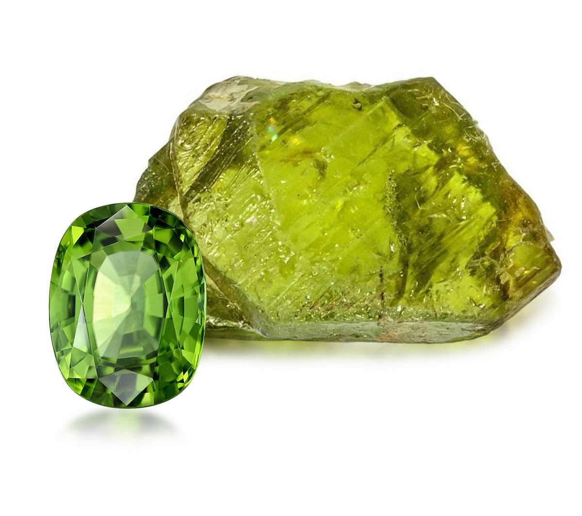 Green gemstone and its rough counterpart on a white background
