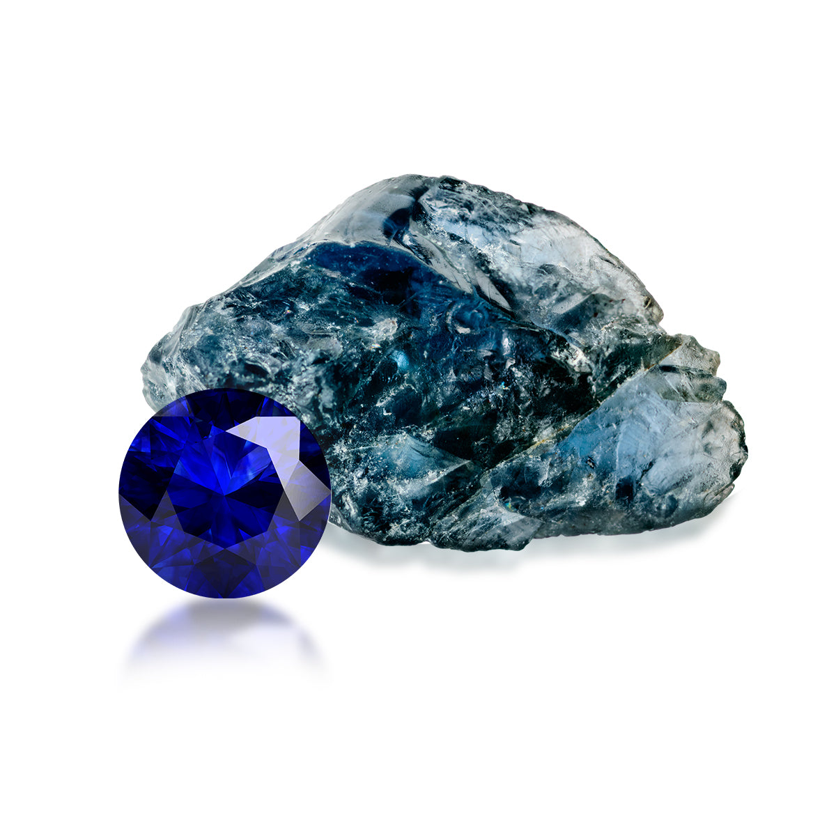 Blue gemstone next to its rough, uncut counterpart on a white background