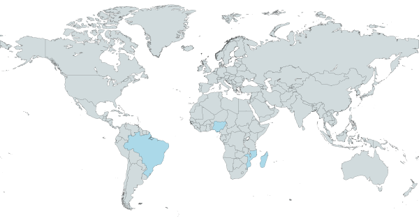 World map with Brazil, Nigeria, Madagascar, and Mozambique highlighted in blue