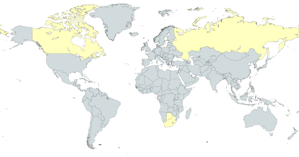World map highlighting Russia, Botswana, Canada, and South Africa in yellow on a light gray background