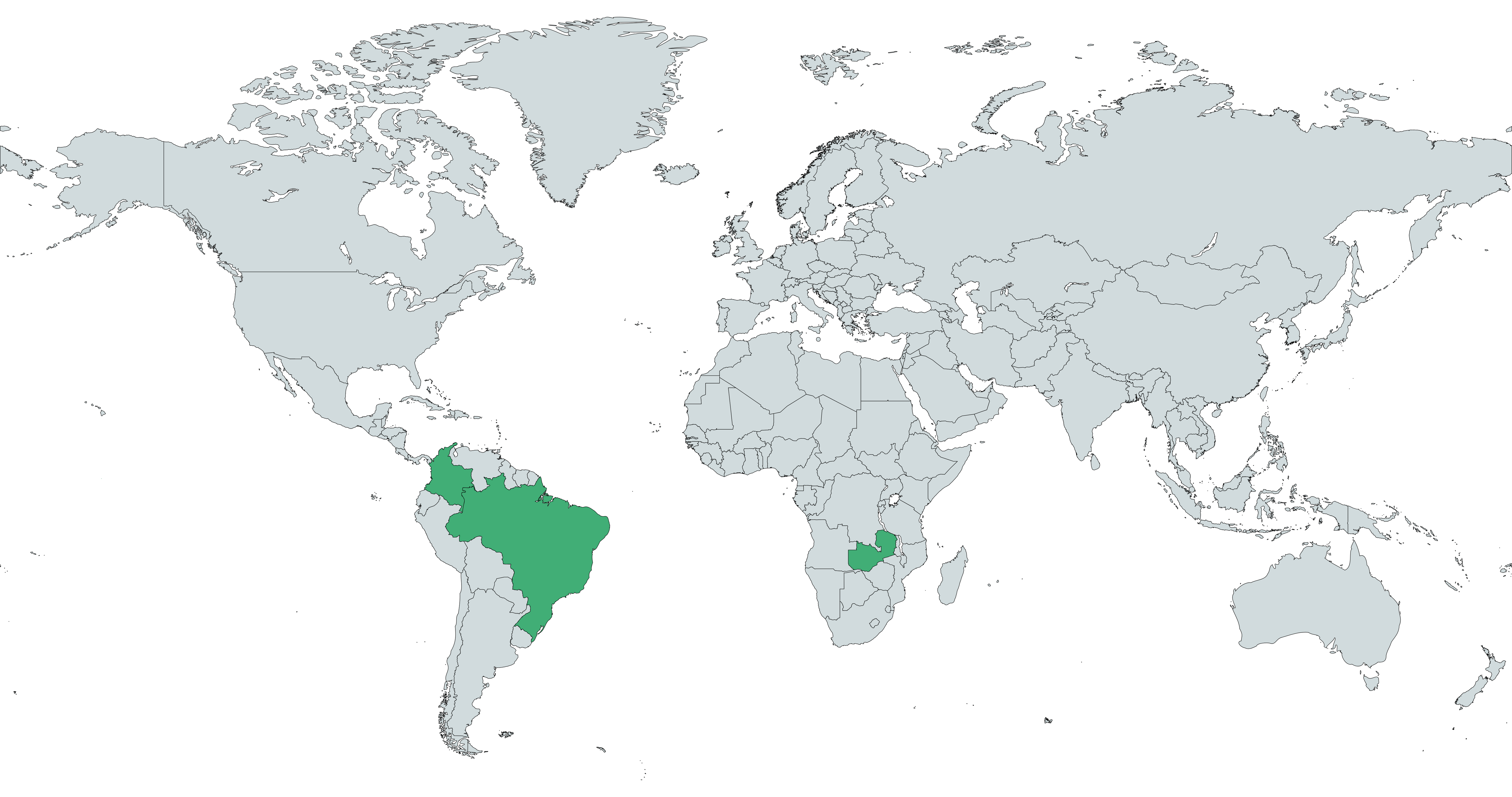 World map highlighting Colombia, Zambia, and Brazil in green.