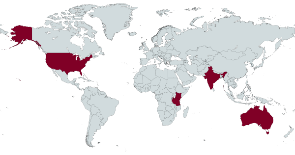 World map with Australia, India, Kenya, Myanmar, and the US highlighted in red