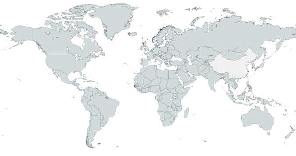 World map with China and Japan highlighted in white on a gray map.