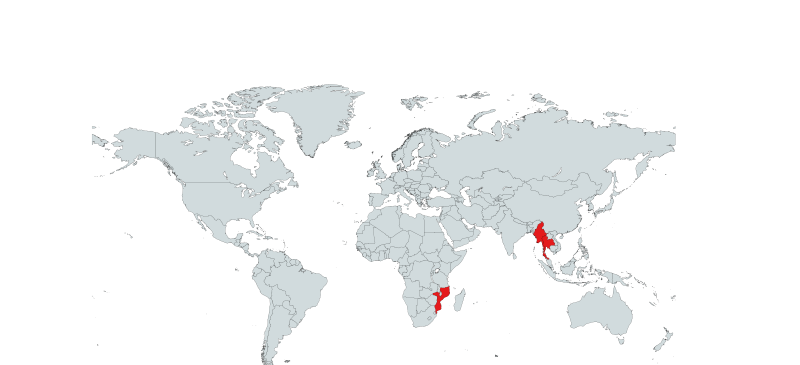 World map highlighting Myanmar, Mozambique, and Thailand in red on a light gray background