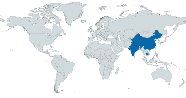 World map highlighting Cambodia, China, India, Sri Lanka, and Nepal with a blue color.
